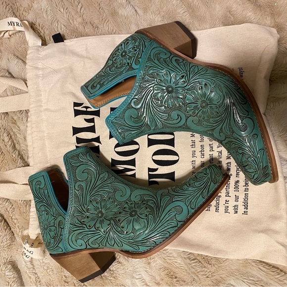 Myra Bag Turquoise Tooled Leather Floral Ankle Boots - Picture 4 of 6